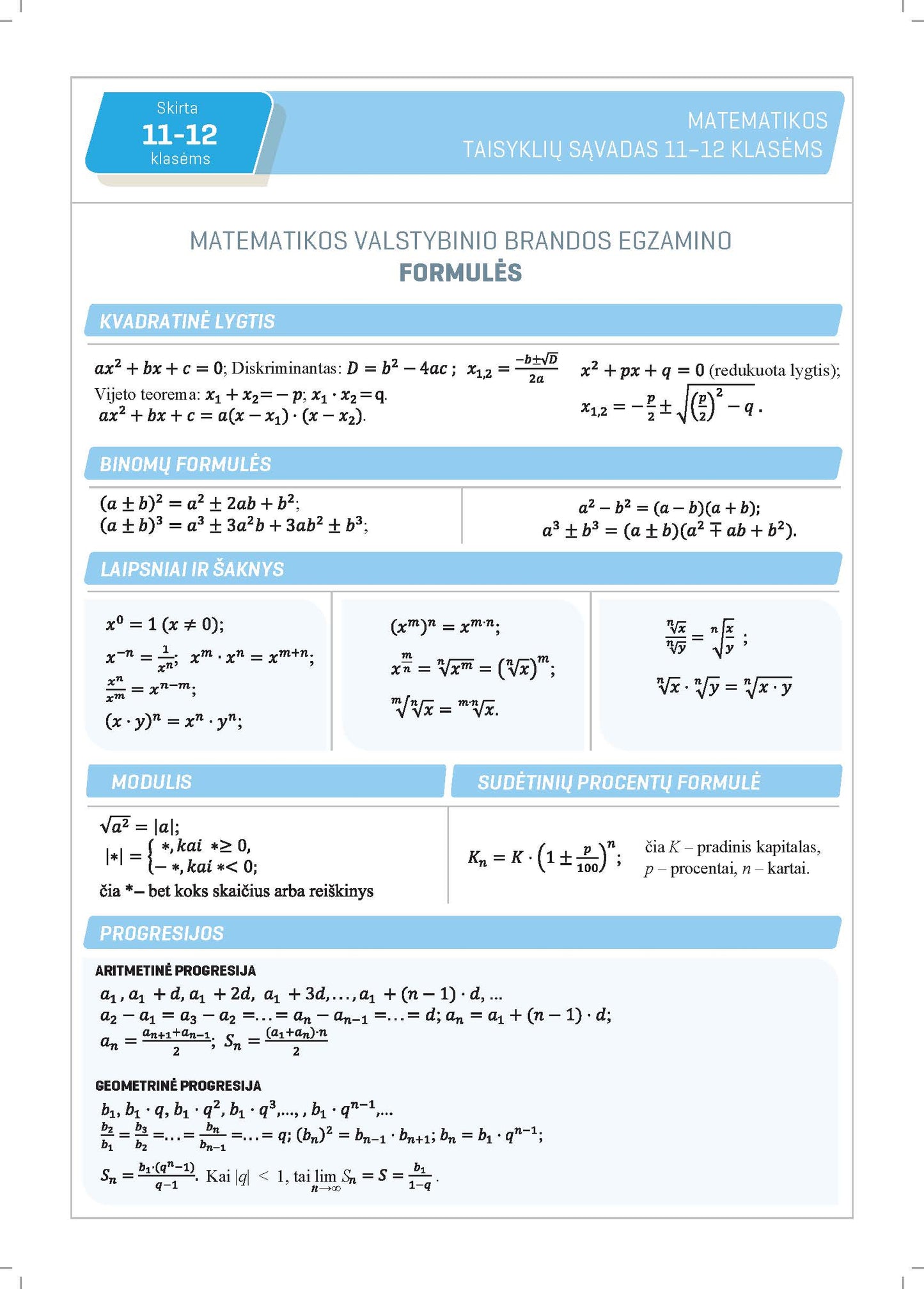 Formulių sąsiuvinis,matematika, 50 lapų, lang., A4, spiralė (11-12 klasėms)