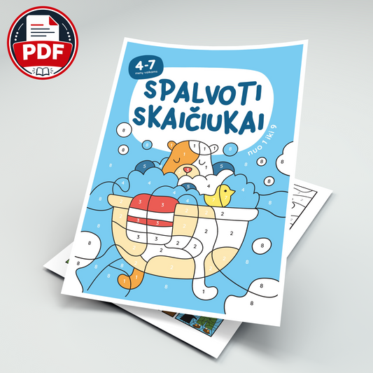 Spalvoti skaičiukai nuo 1 iki 9 – skaitmeninė spalvinimo knygelė (PDF)
