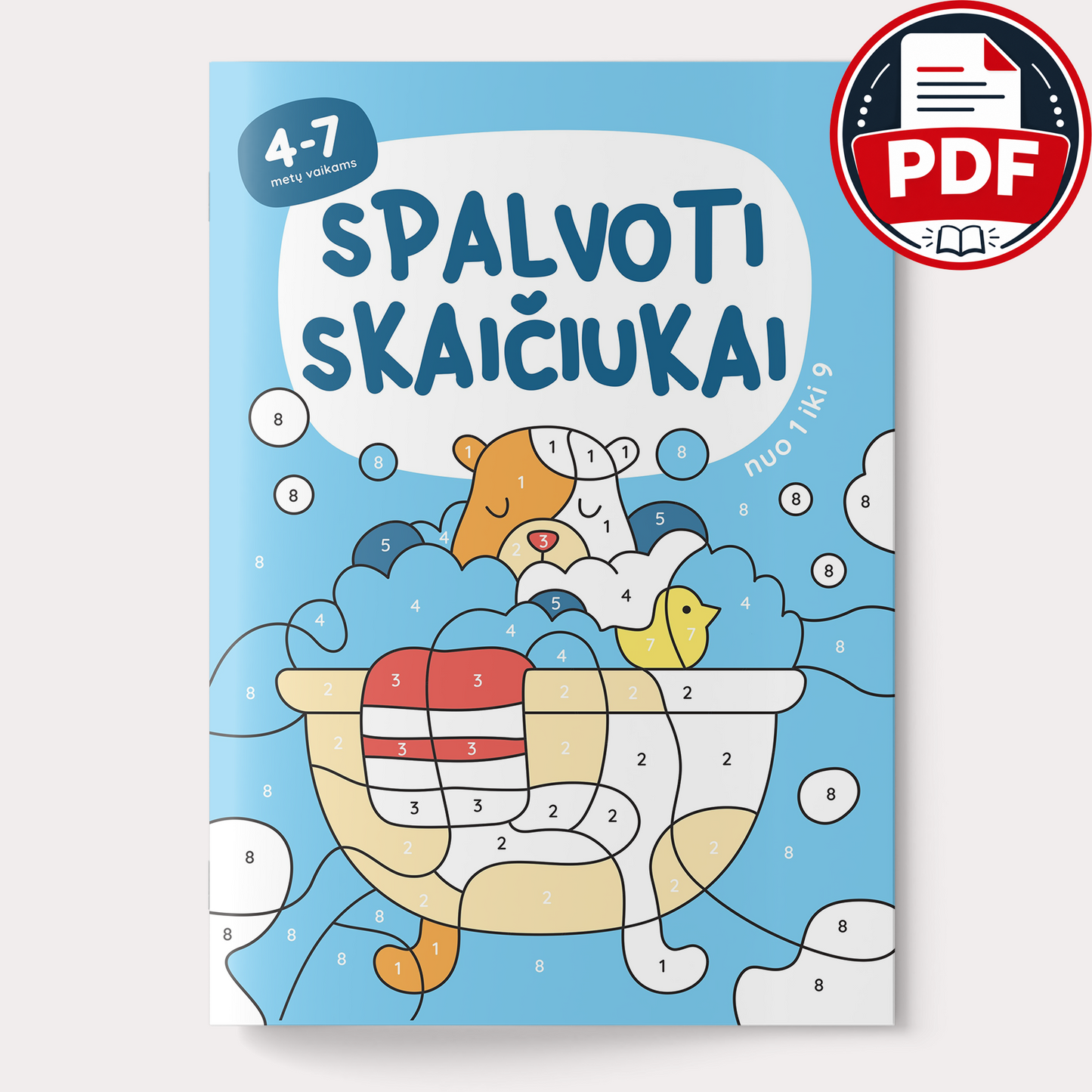 Spalvoti skaičiukai nuo 1 iki 9 – skaitmeninė spalvinimo knygelė (PDF)
