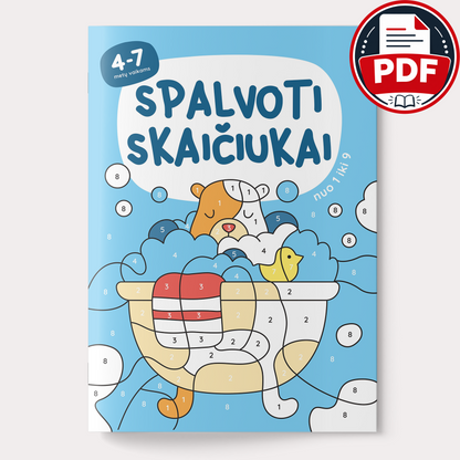 Spalvoti skaičiukai nuo 1 iki 9 – skaitmeninė spalvinimo knygelė (PDF)