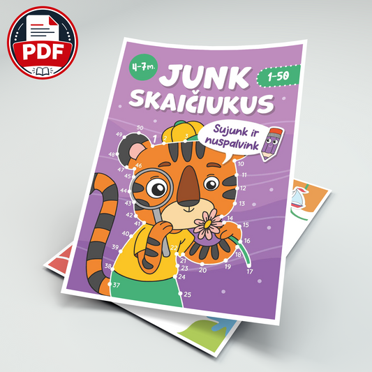 Junk skaičiukus nuo 1 iki 50 – skaitmeninė užduočių knygelė (PDF)