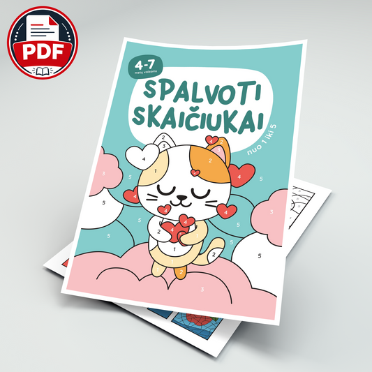 Spalvoti skaičiukai nuo 1 iki 5 – skaitmeninė spalvinimo knygelė (PDF)