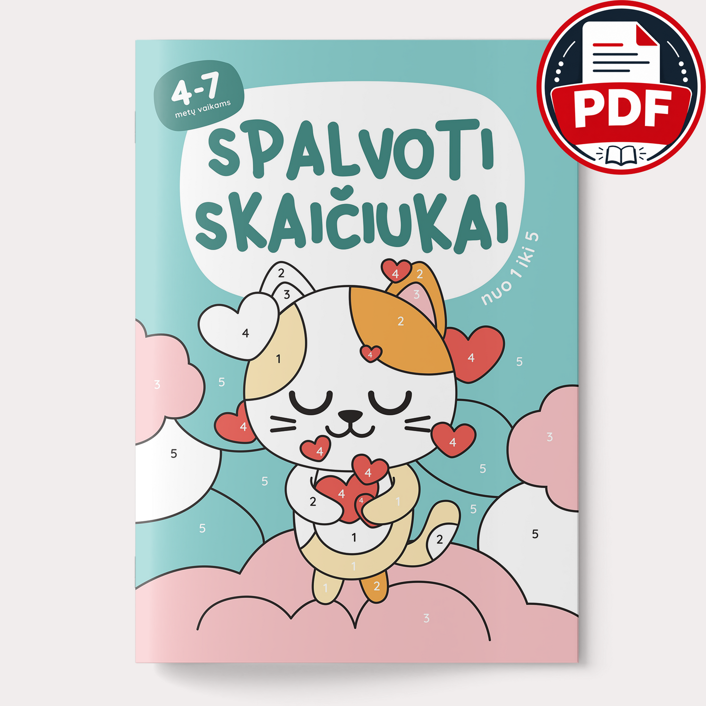 Spalvoti skaičiukai nuo 1 iki 5 – skaitmeninė spalvinimo knygelė (PDF)
